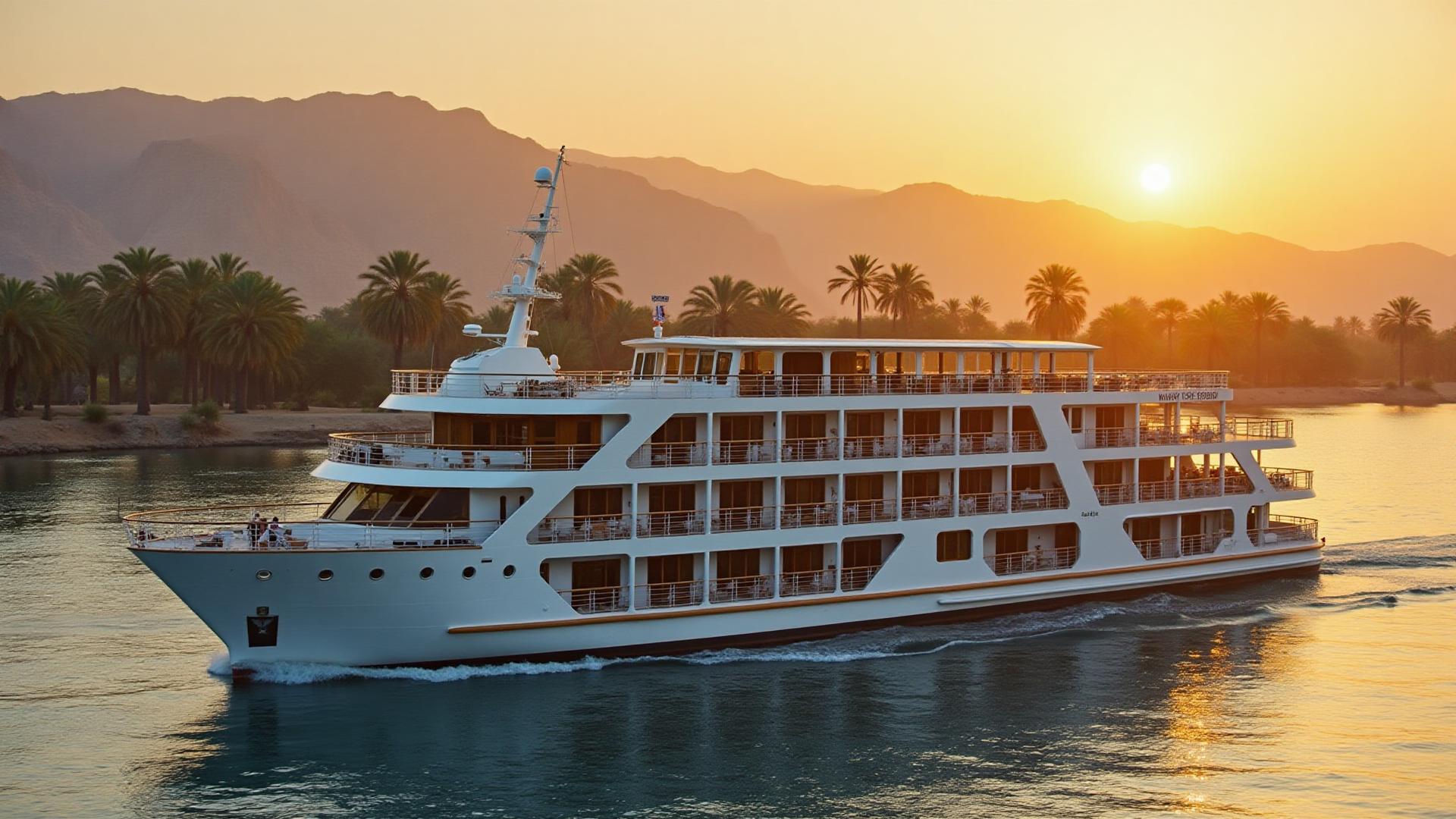 Luxury Nile cruise ship sailing on the River Nile with palm trees and mountains at golden hour
